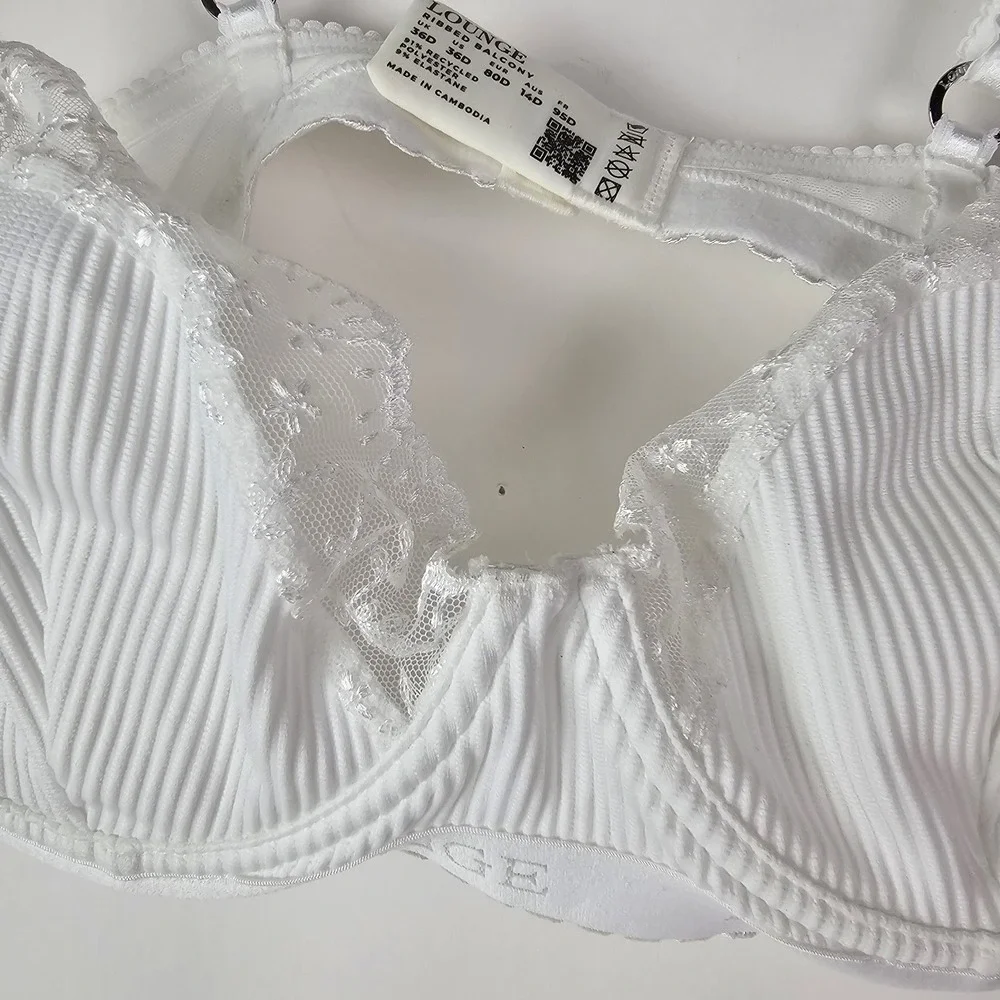 Lounge NWT Ribbed Balcony Bra Womens White Size 36D Lace Trim Underwire